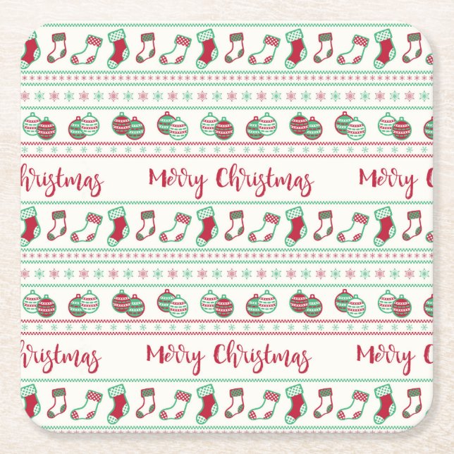 Ugly Christmas Sweater Pattern Holiday Square Paper Coaster (Front)