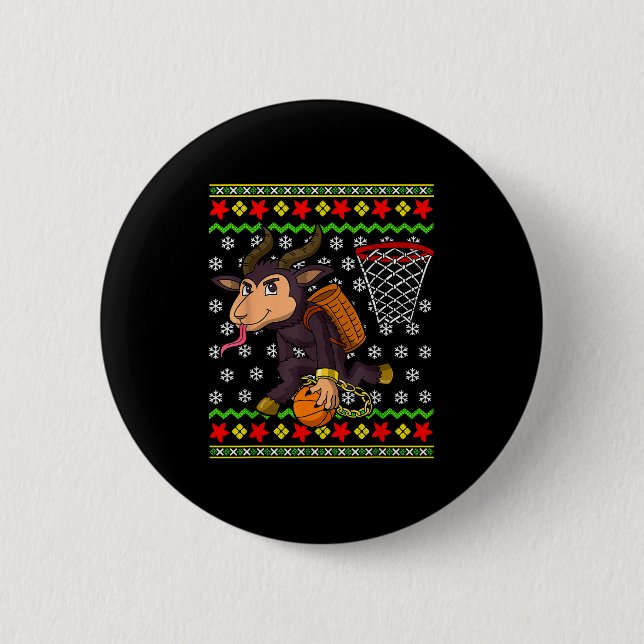 Ugly Christmas Sweater Pattern Kids Krampus Basket 2 Inch Round Button (Front)