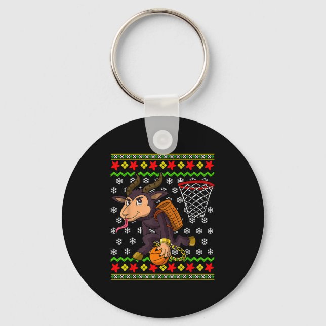Ugly Christmas Sweater Pattern Kids Krampus Basket Keychain (Front)