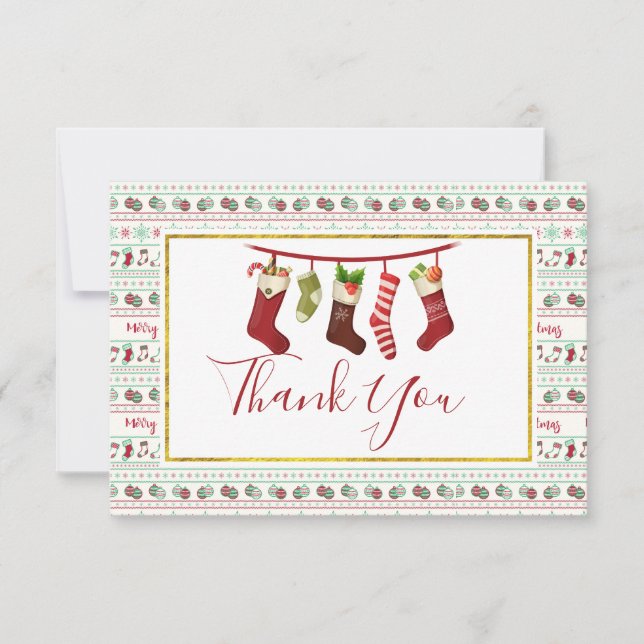 Ugly Christmas Sweater Pattern with Stockings Thank You Card (Front)