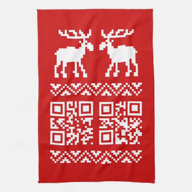 Ugly Christmas Sweater QR Code Happy New Year ! Kitchen Towel (Vertical)