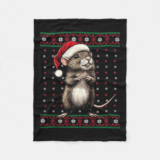 Ugly Christmas Sweater Rat Lover Santa Hat Funny H Fleece Blanket (Front)