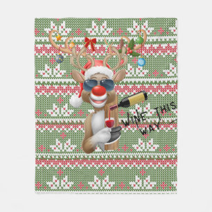 Ugly Christmas Sweater Reindeer. Wine this way Fleece Blanket