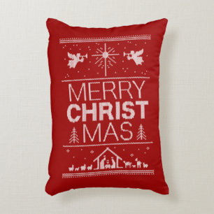 Ugly Christmas Sweater Religious Nativity Red Decorative Pillow
