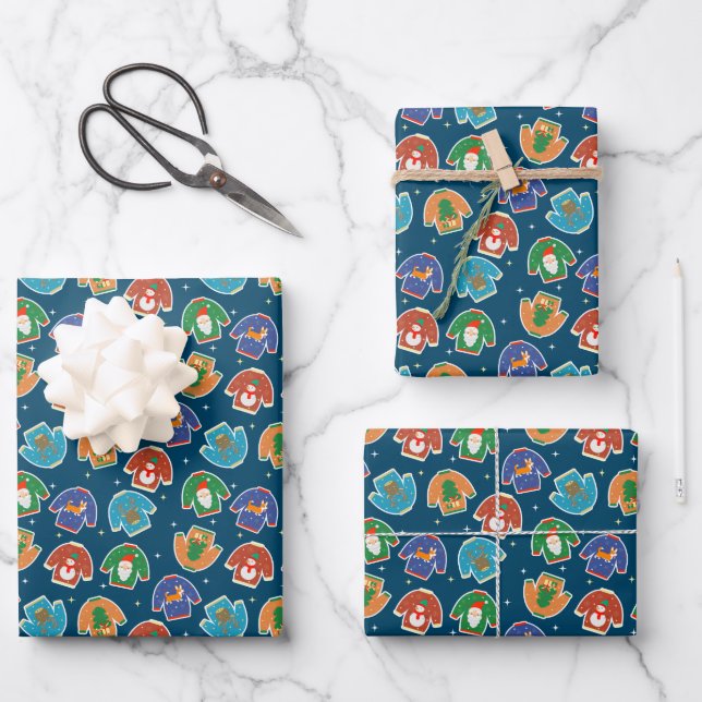 Ugly Christmas Sweater Santa Dogs Funny Gift Wrapping Paper Sheet (Front)