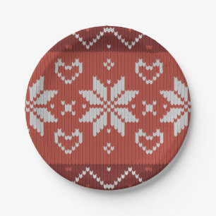 Ugly Christmas Sweater Scandinavian Knit Red Heart Paper Plate