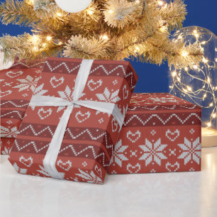Ugly Christmas Sweater Scandinavian Knit Red Heart Wrapping Paper
