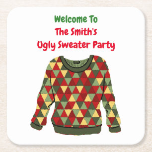 Ugly Christmas sweater theme triangles Square Paper Coaster
