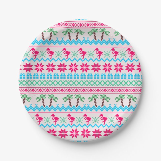 Ugly Christmas Sweater Tropical Flamingo Paper Plate (Front)