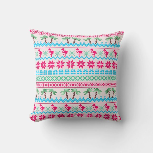 Ugly Christmas Sweater Tropical Flamingo Throw Pillow (Front)