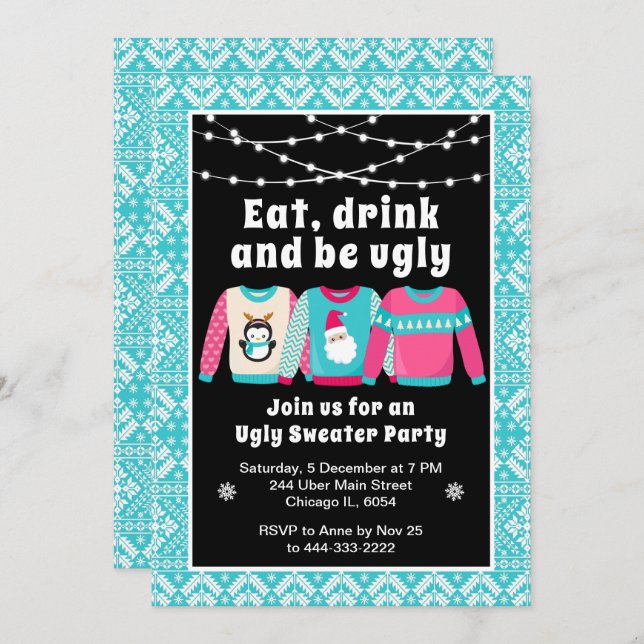Ugly Christmas Sweaters Holiday Party Blue Invitation (Front/Back)