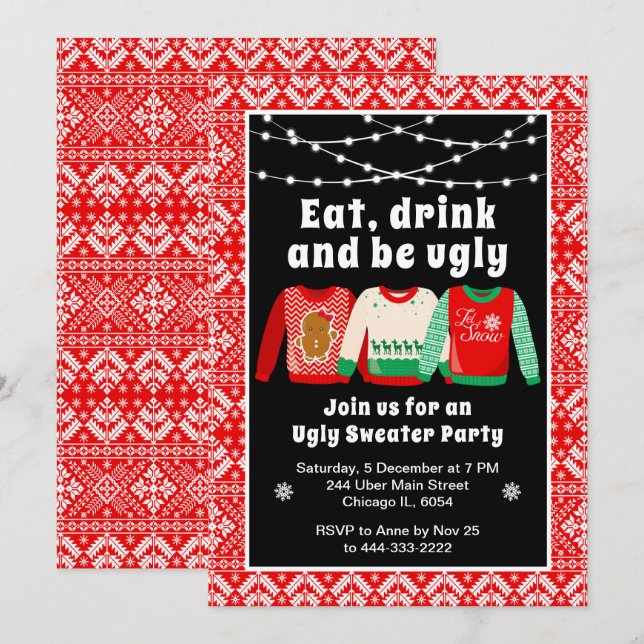 Ugly Christmas Sweaters Holiday Party Red Invitation (Front/Back)