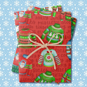 Ugly Christmas Sweaters in Red and Green 3 Wrapping Paper Sheet