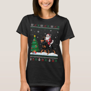 Ugly Christmas Tree Light Santa Riding Doberman Pi T-Shirt