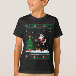 Ugly Christmas Tree Light Santa Riding Doberman Pi T-Shirt
