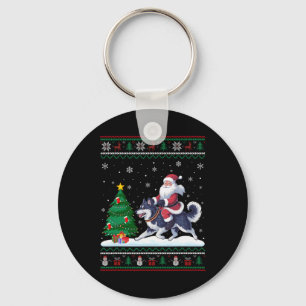 Ugly Christmas Tree Lights Santa Riding Alaskan Kl Keychain