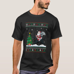 Ugly Christmas Tree Lights Santa Riding Black Labr T-Shirt
