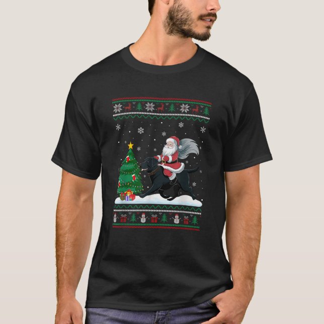 Ugly Christmas Tree Lights Santa Riding Black Labr T-Shirt (Front)