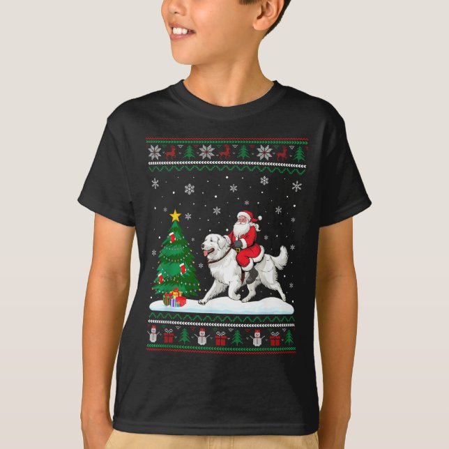 Ugly Christmas Tree Lights Santa Riding Great Pyre T-Shirt (Front)