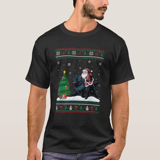 Ugly Christmas Tree Lights Santa Riding Newfoundla T-Shirt (Front)