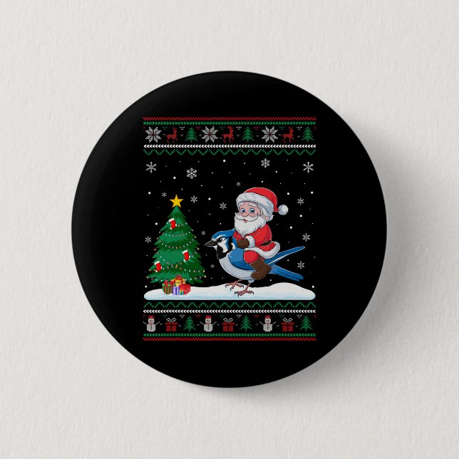 Ugly Christmas Tree Lights Xmas Santa Riding Blue  2 Inch Round Button (Front)
