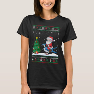 Ugly Christmas Tree Lights Xmas Santa Riding Blue  T-Shirt