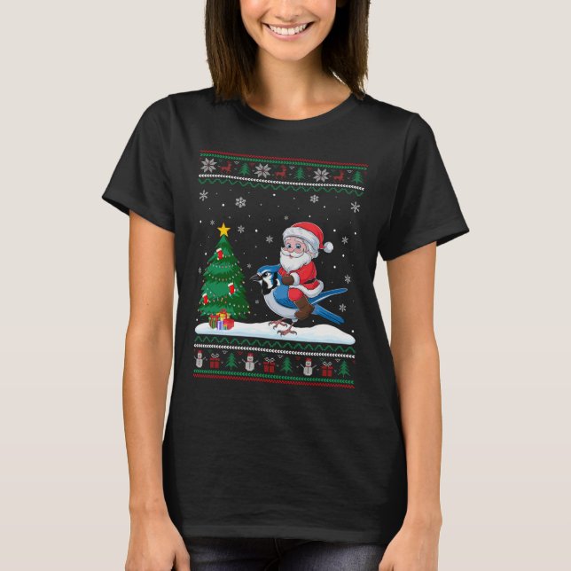Ugly Christmas Tree Lights Xmas Santa Riding Blue  T-Shirt (Front)