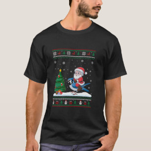 Ugly Christmas Tree Lights Xmas Santa Riding Blue T-Shirt