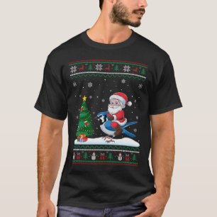 Ugly Christmas Tree Lights Xmas Santa Riding Blue T-Shirt