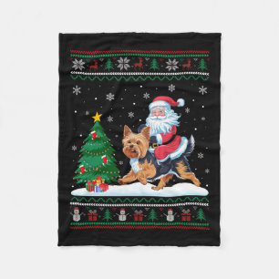 Ugly Christmas Tree Lights Xmas Santa Riding Yorki Fleece Blanket