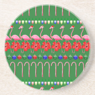 Ugly Christmas Tropical Pink Flamingos on Holiday Coaster