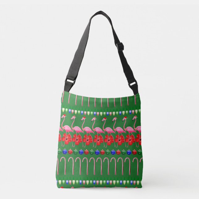 Ugly Christmas Tropical Pink Flamingos on Holiday Crossbody Bag (Front)
