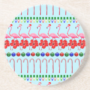 Ugly Christmas Tropical Pink Flamingos on Light Bl Coaster