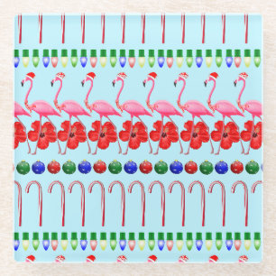 Ugly Christmas Tropical Pink Flamingos on Light Bl Glass Coaster