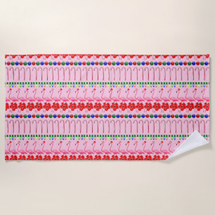 Ugly Christmas Tropical Pink Flamingos on Pink Beach Towel