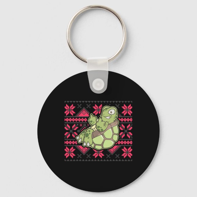 Ugly Christmas Turtle Middle Finger Off Funny Sarc Keychain (Front)