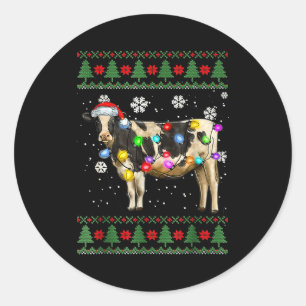 Ugly Cow Christmas Sweater Santa Hat And Light Up  Classic Round Sticker