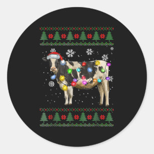 Ugly Cow Christmas Sweater Santa Hat And Light Up  Classic Round Sticker