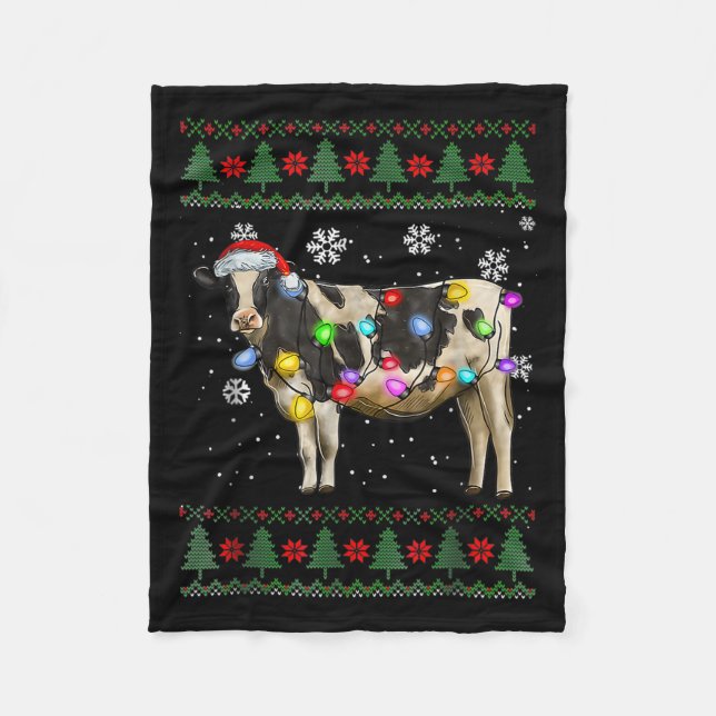 Ugly Cow Christmas Sweater Santa Hat And Light Up  Fleece Blanket (Front)
