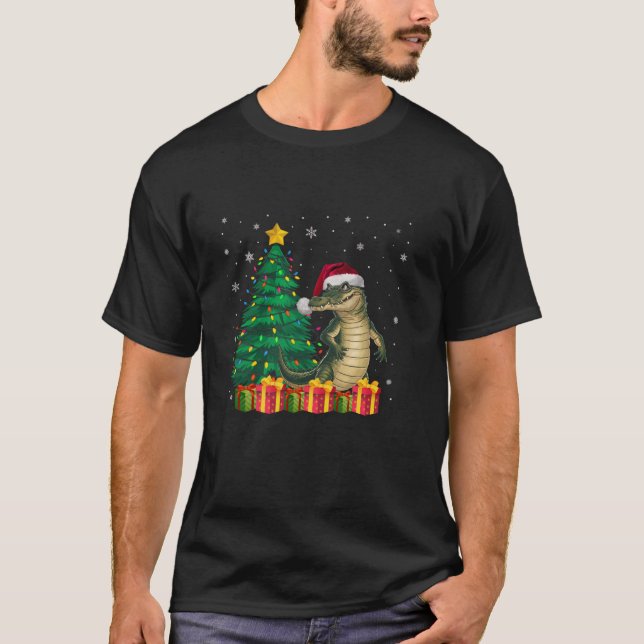 Ugly Crocodile Santa Hat Christmas Tree Lights Paj T-Shirt (Front)