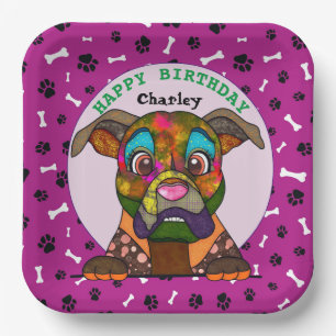 Ugly dog face Boxer birthday Paper Plates