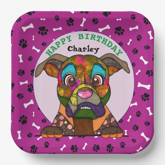 Ugly dog face Boxer birthday Paper Plates (Front)