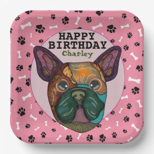 Ugly dog face French Bulldog birthday Paper Plates