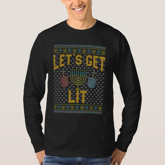 Ugly Hanukkah Sweater  Let's Get Lit Drinking Tee (Front)