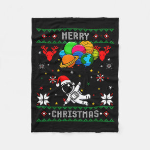 Ugly Merry Christmas Santa Hat Tree Astronaut Hold Fleece Blanket