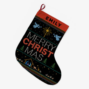 Ugly Merry CHRISTmas Sweater Jesus God Christian Large Christmas Stocking
