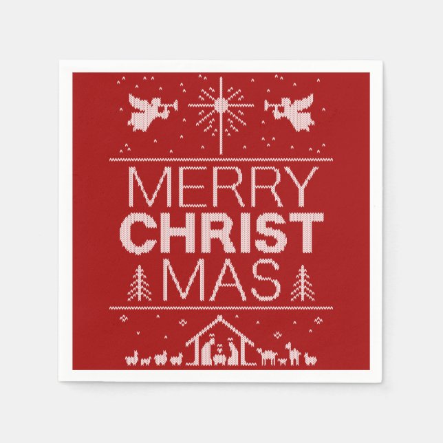 Ugly Merry Christmas Sweater  Religious Christ Red Napkin (Front)