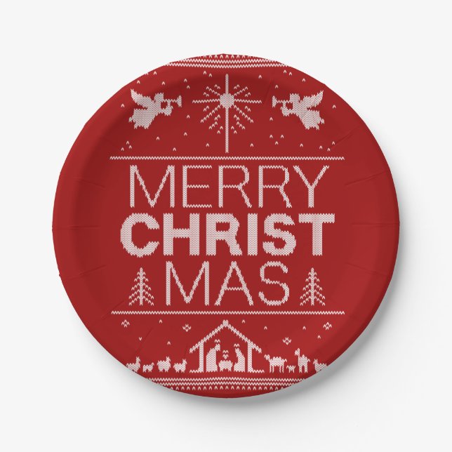 Ugly Merry Christmas Sweater  Religious Christ Red Paper Plate (Front)