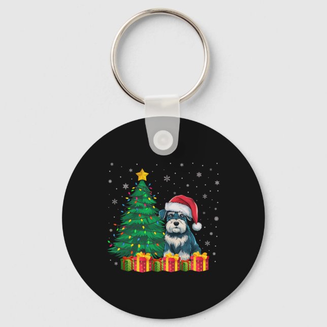 Ugly Miniature Schnauzer Santa Hat Christmas Light Keychain (Front)