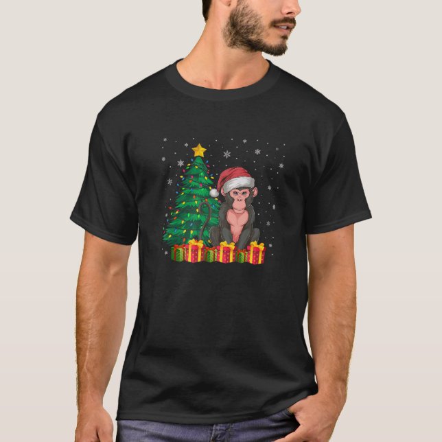 Ugly Monkey Santa Hat Christmas Tree Lights Pajama T-Shirt (Front)